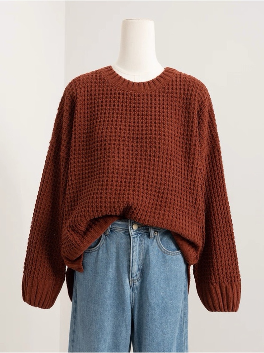 Classic Waffle Knit Crewneck Sweater - Rust